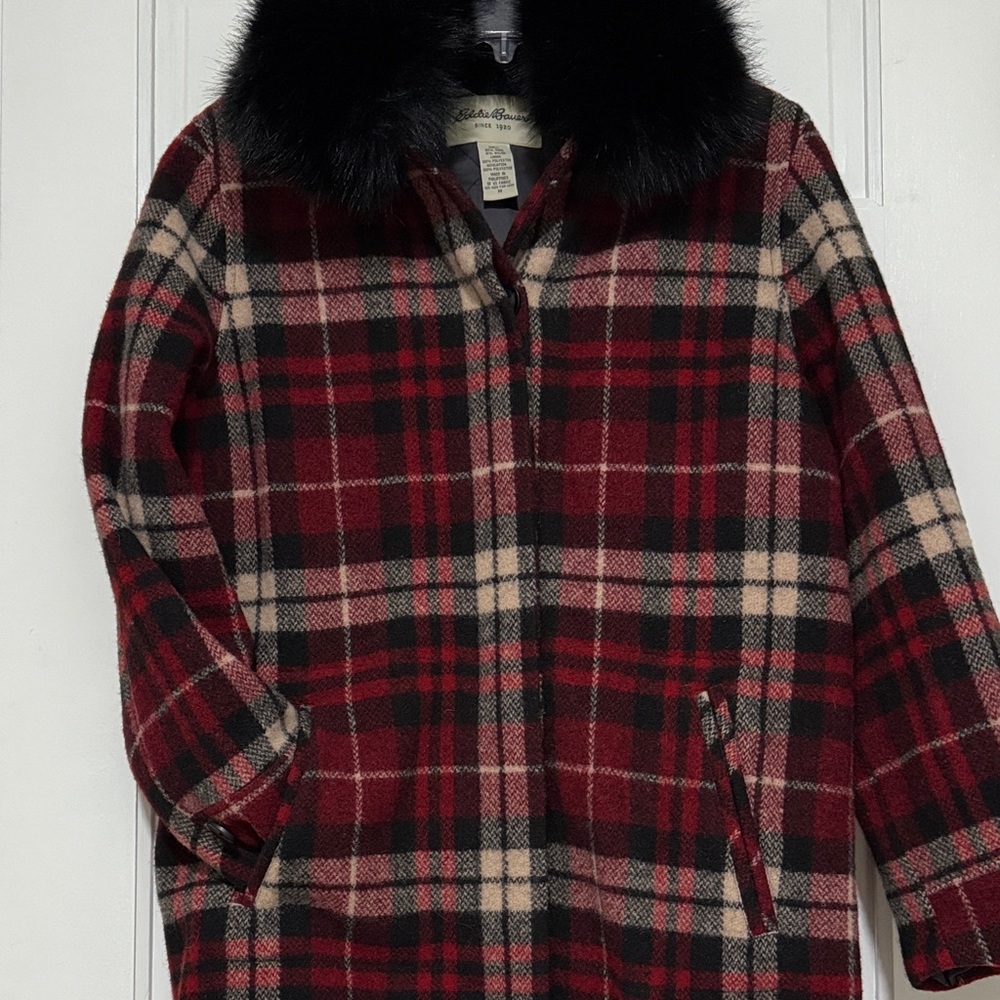 Eddie Bauer Plaid Women's Jacket with Faux Fur Detachable Collar - Picture 3 of 6